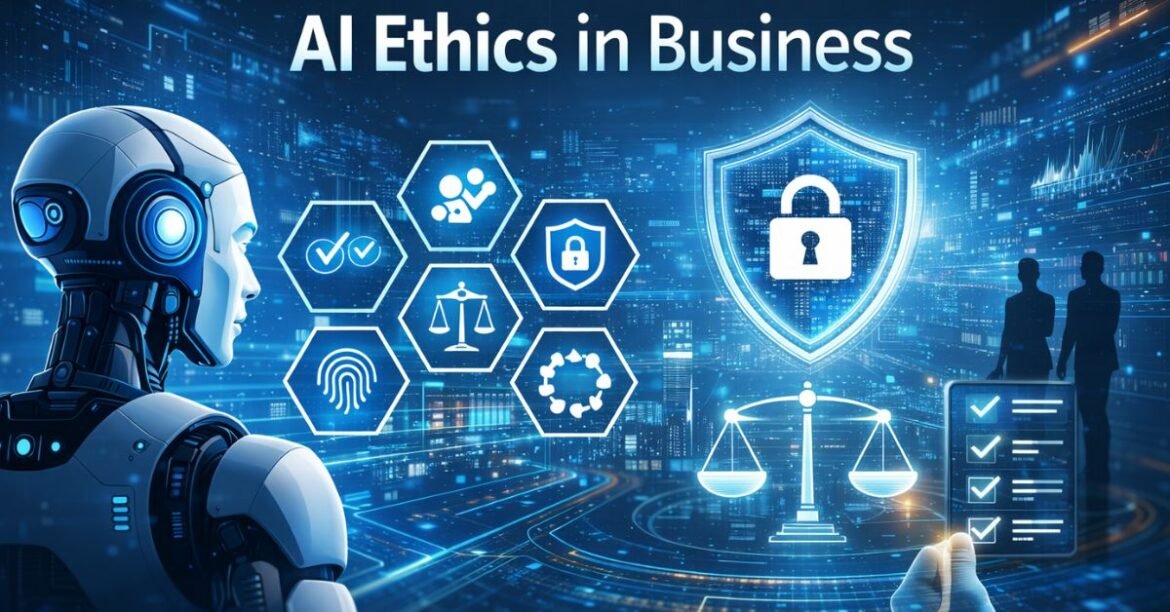 Futuristic cover image showing AI ethics, data security, and ethical decision-making in business.