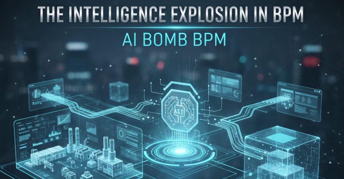 Futuristic AI BOMB BPM cover image showing AI agent and digital twin in business workflow.